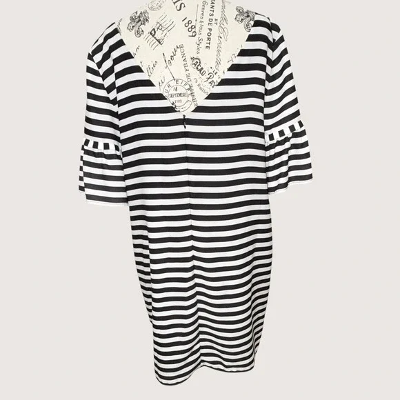 NWT Gianni Bini Black Ivory Striped Dress Bell Sleeve Lined Shift Women's L - Picture 3 of 13